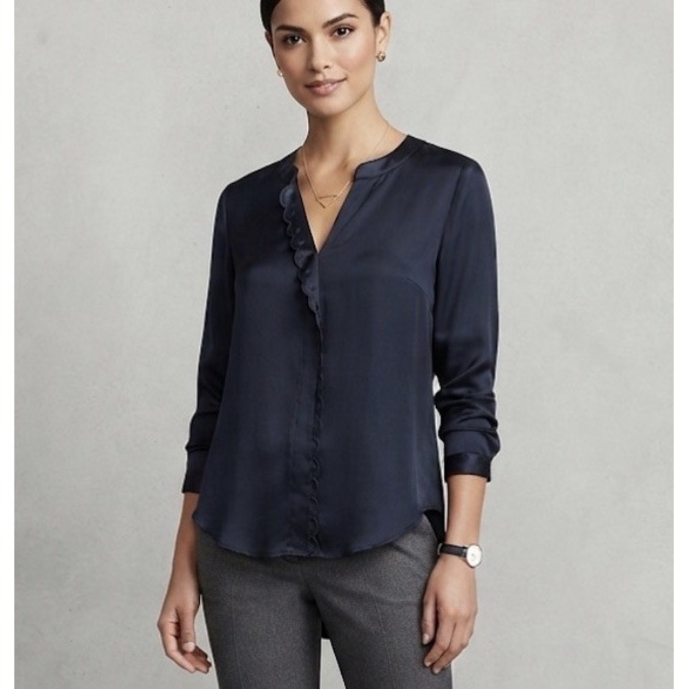 Etcetera Blouse 100% Silk Black Long Sleeve Scalloped Detail Womens Sz 0 Shirt